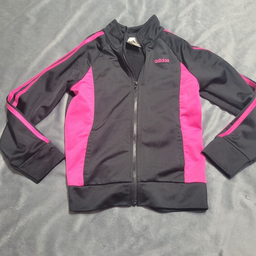 Adidas Jacket Girls Size 6 Black Pink Kids Full Zip Track Windbreaker Mock‎ Neck